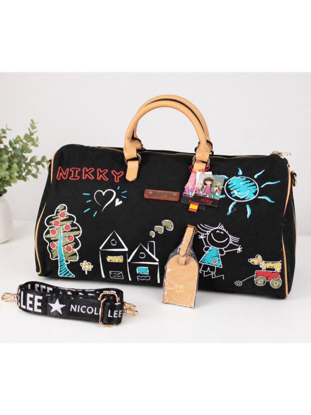 Nikky by Nicole Lee Duffle Bag Large Travel Weekender Black Graphic Print NWT